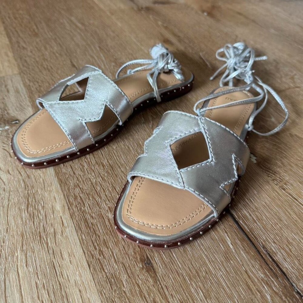 Maje Argent Studded NEW Silver Leather Cut Out Tie Lace up sandals size 6 or 36